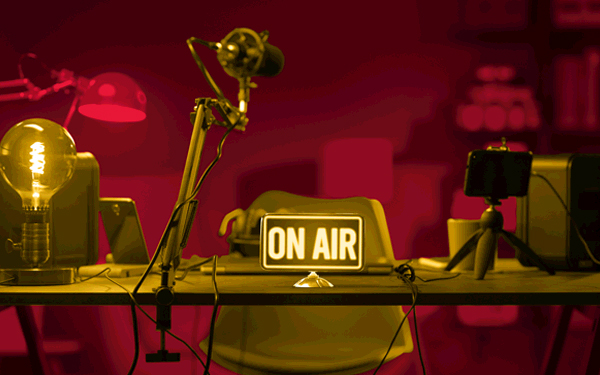 On air radio podcast microphone setup environment Adobe stock image #338907430